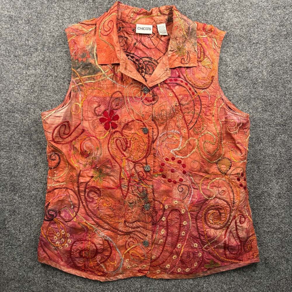 Chico's Orange 100% Silk Embroidered Sleeveless Button Front Vest Top
